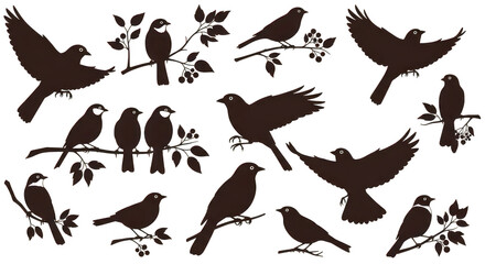 Fototapeta premium Bird silhouettes perched on branches isolated on transparent background