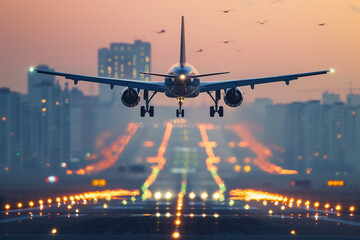 Passenger jet approaches runway in twilight with city skyline and lights forming a vibrant backdrop
