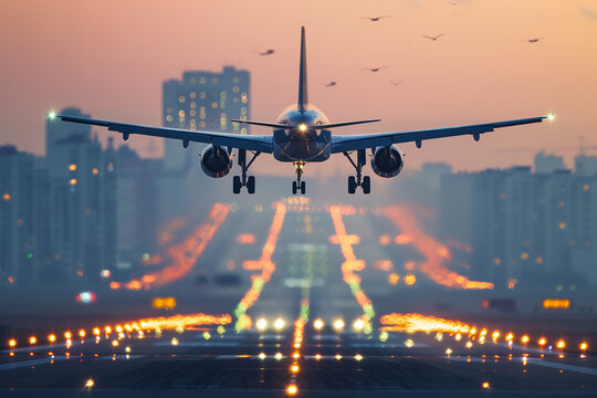 Passenger jet approaches runway in twilight with city skyline and lights forming a vibrant backdrop