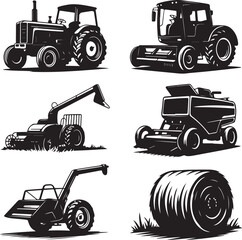 Monochrome Agricultural Machinery Collection A Silhouette Showcase of Farming Equipment and Tools for Harvesting and Land Cultivation