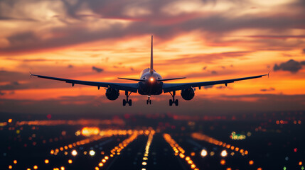 Silhouette of an airplane in flight against a vibrant sunset sky over an airport runway