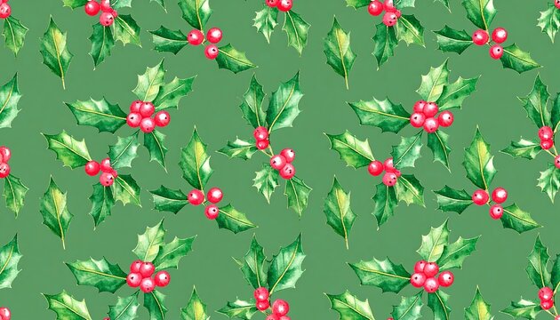 Watercolor holly pattern on a sage green background - Powered by Adobe
