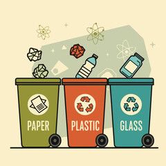 Waste sorting illustration showing paper, plastic, and glass in labeled bins. Waste sorting system displayed with recycling symbols and containers for paper, plastic, and glass materials,