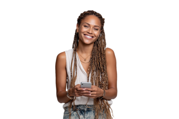 Happy Woman with Braids Uses Phone. Lifestyle shot captures a smiling model holding a smartphone against a clean background. For social media, ads, or stock photography.