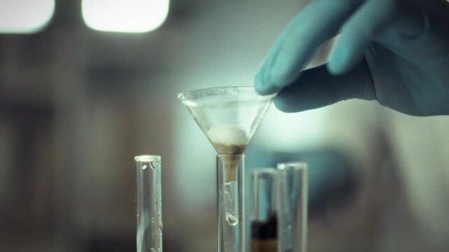 A person wearing a glove carefully places a funnel on top of a test tube while conducting an experiment. The lab environment is focused on scientific research and discovery