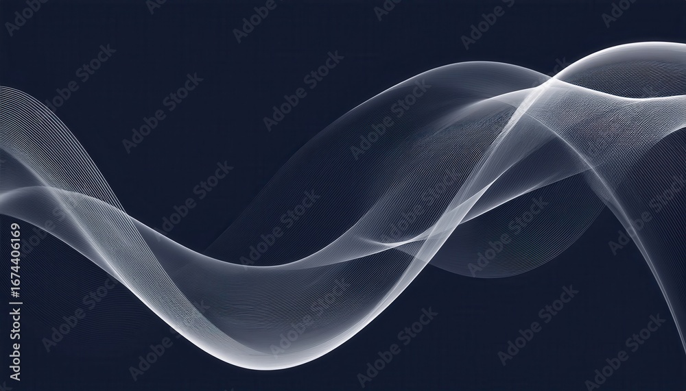 Wall mural flowing abstract white wave lines on dark blue background creating elegant futuristic motion texture