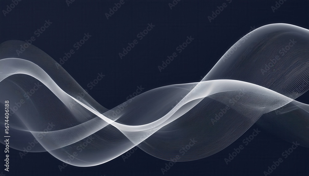 Wall mural flowing abstract white wave lines on dark blue background creating elegant futuristic motion texture