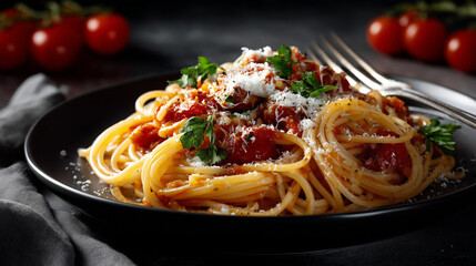 A delicious irresistible picture of a dish of spaghetti