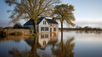 A house in floodwater, the desolate scene illuminated by gentle sunlight. House, flood, with copy space