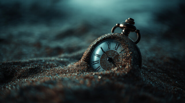 An old, rusty, dusty time fractal resting on sand symbolizing decay, time, and fleeting moments.