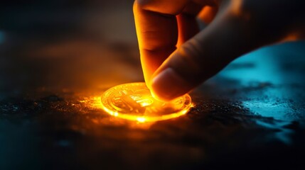 Hand picks up glowing coin on dark surface.