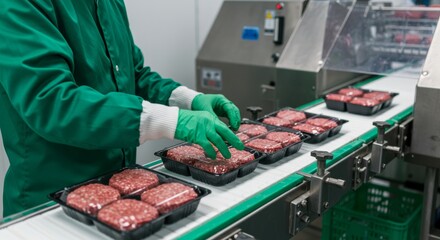 Worker in Protective Uniform Packaging Raw Meat Patties in Plastic Trays on Food Processing Factory Line , Industrial Meat Production and Safety Concept