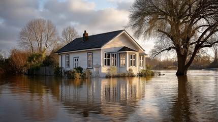 A house in floodwater, the desolate scene illuminated by gentle sunlight. House, flood, with copy space