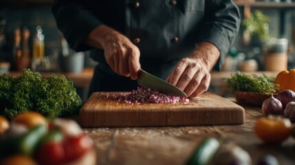Medium shot capturing a chef expertly chopping vegetables on a wooden board softfocus background underscoring practical culinary skills and handson learning.