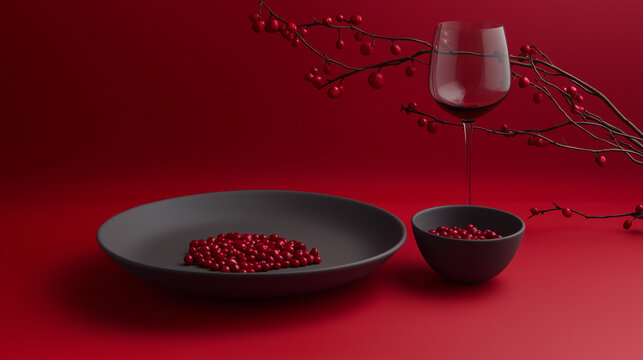 Tet Holiday Food with Black Ceramic Plate, Glass, and Melon Seeds on Red Background &ndash; Copy Space Advertising Concept