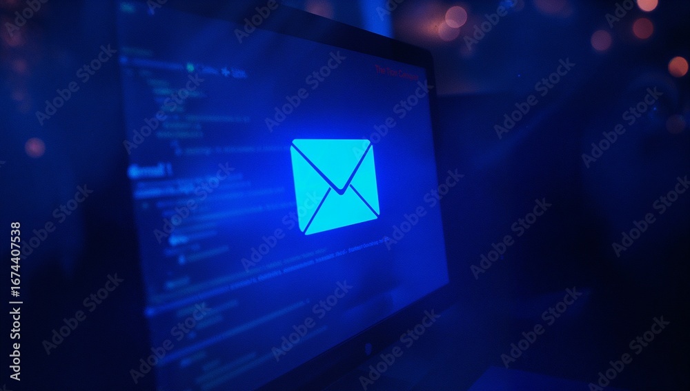 Wall mural bright glowing email icon displayed upon the computer screen featuring blurred code within the backg