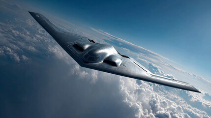 futuristic stealth bomber UAF B21-Raider bursting through clear sky