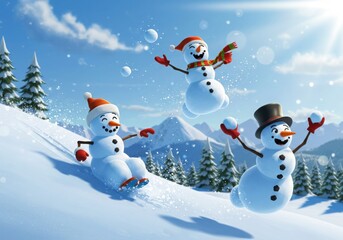 Fototapeta premium Three cheerful snowmen having fun playing in the snow on a sunny winter day