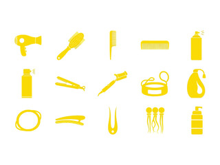 Hair Salon Essentials: A collection of various salon tools, including hairdryers, brushes, combs, hairspray, hair straightener, curler and other accessories.