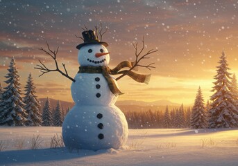 Obraz premium Joyful snowman standing in a snowy winter landscape at sunset
