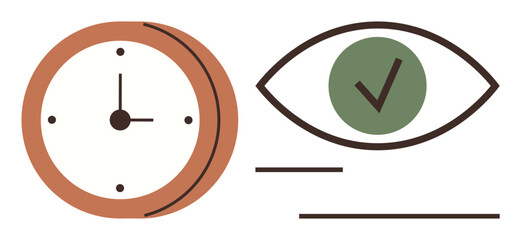 Clock highlighting time tracking paired with an eye and checkmark emphasizing focus and accomplishment. Ideal for productivity, efficiency, deadlines, organization, tasks, planning, success. Simple