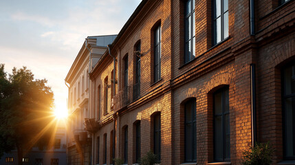 Fototapeta premium A brick building glows at sunset, the warm scene illuminated by gentle sunlight. Building, sunset, with copy space