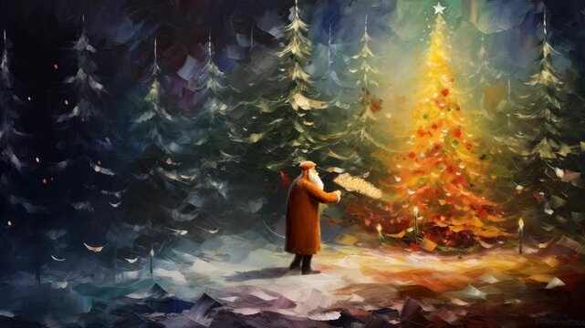 A dreamy, low-angle video scene of a winter forest with a glowing Christmas tree, featuring a figure in a coat, evoking a magical holiday atmosphere. - Powered by Adobe