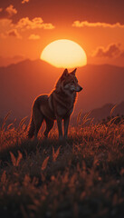 Majestic Wolf Standing in Tall Grass at Sunset with Mountains and Glowing Red Orange Sky