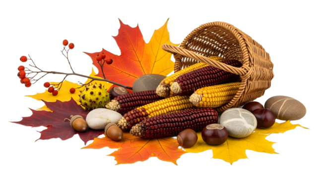 Autumn Harvest Cornucopia with Corn and Leaves
