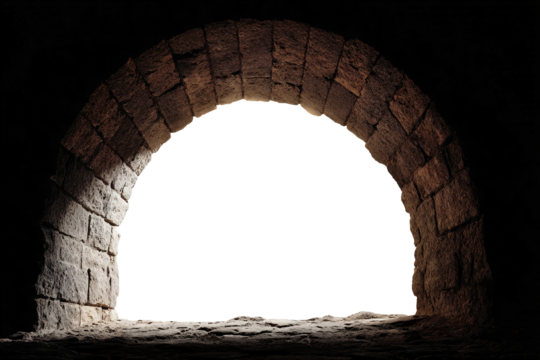 ancient semicircular stone arch with thick masonry on transparent background, architectural element of medieval structure