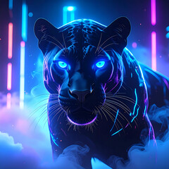 Neon panther in smoky light