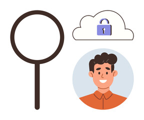 Magnifying glass near smiling user portrait and cloud with locked padlock. Ideal for data security, identity authentication, privacy protection, online safety, cyber access, user verification, simple