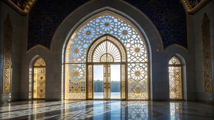 Ornate gold arched window with intricate patterns overlooking a calm lake 2025 2026 Full HD High Quality 4K Download