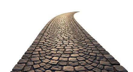 Winding cobblestone path leading to a bright future, ideal for representing new beginnings, business strategy, personal growth, graduation, or milestone celebrations,