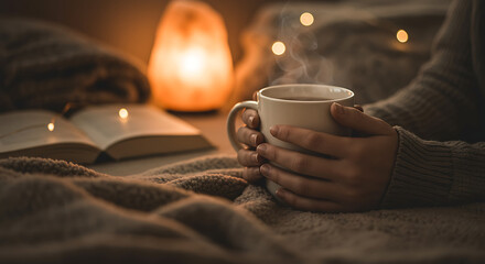 Cozy hands holding steaming mug with book and salt lamp for warm relaxation and hygge atmosphere