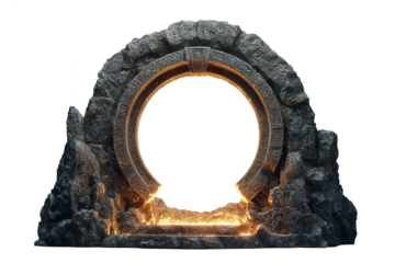 fantasy stone arch portal with magical glow inside, decorative circular architectural structure on transparent background