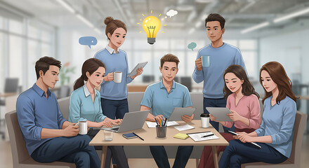 Diverse team brainstorming innovative ideas in modern office collaboration