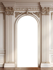 Fototapeta premium classical decorative arch with columns and stucco in interior, elegant architectural element in baroque or neoclassical style on transparent background