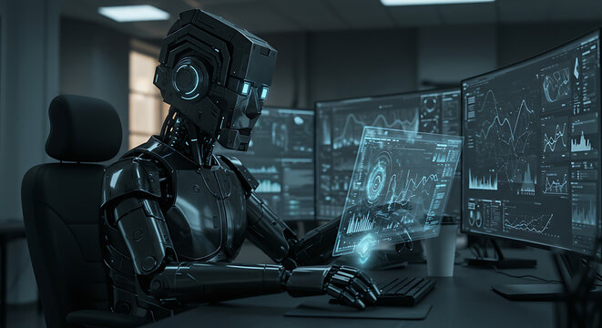 Advanced ai robot analyzing digital data in futuristic tech office - Powered by Adobe