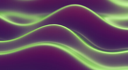 Abstract neon green waves on purple background - glowing fluid lines and dynamic curves for modern design and technology concepts