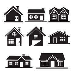 Collection of various house icons with different architectural styles isolated on white background