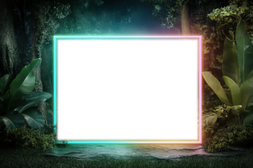 glowing neon rectangular portal in tropical forest, fantastic scene combining nature and technology on transparent background