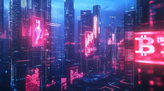 Futuristic cityscape with neon cryptocurrency and stock market data displays.