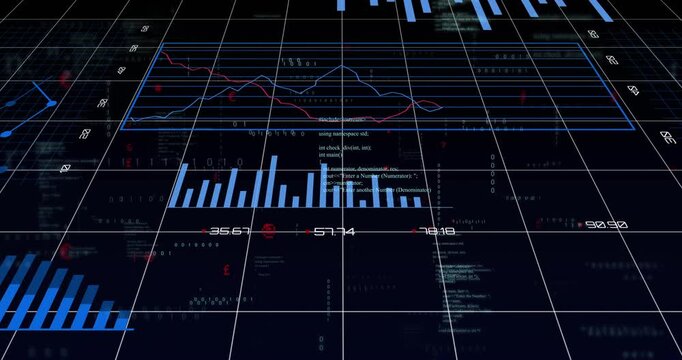 Upon grid appearing, dashboard showing code scrolling charts rising graphs updating for analytics