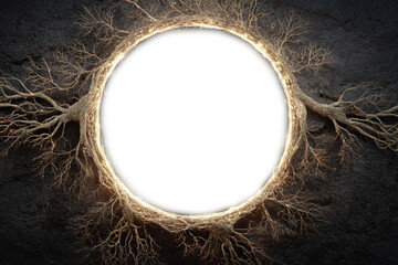 magical circular portal with glowing tree roots in the ground, fantasy natural frame on transparent background