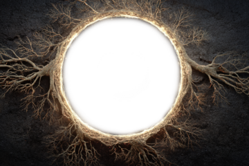 magical circular portal with glowing tree roots in the ground, fantasy natural frame on transparent background