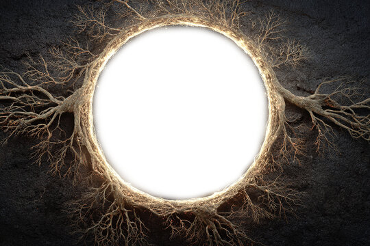 magical circular portal with glowing tree roots in the ground, fantasy natural frame on transparent background