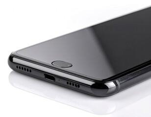 Close-up angled view of a modern smartphone's lower edge, showcasing its universal charging port, speaker grilles, and interactive home button against a bright white backdrop