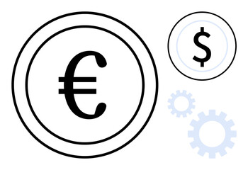 Euro and dollar currency signs placed in circular frames alongside gears, suggesting a connection between money, industry, and automated operations. Ideal for finance, economy, automation, business