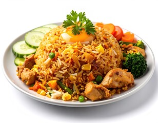 Close-up of delicious Nasi Goreng, an authentic Indonesian fried rice, generously topped with tender chicken pieces, a fried egg, and a vibrant assortment of fresh vegetables, served on a white plate